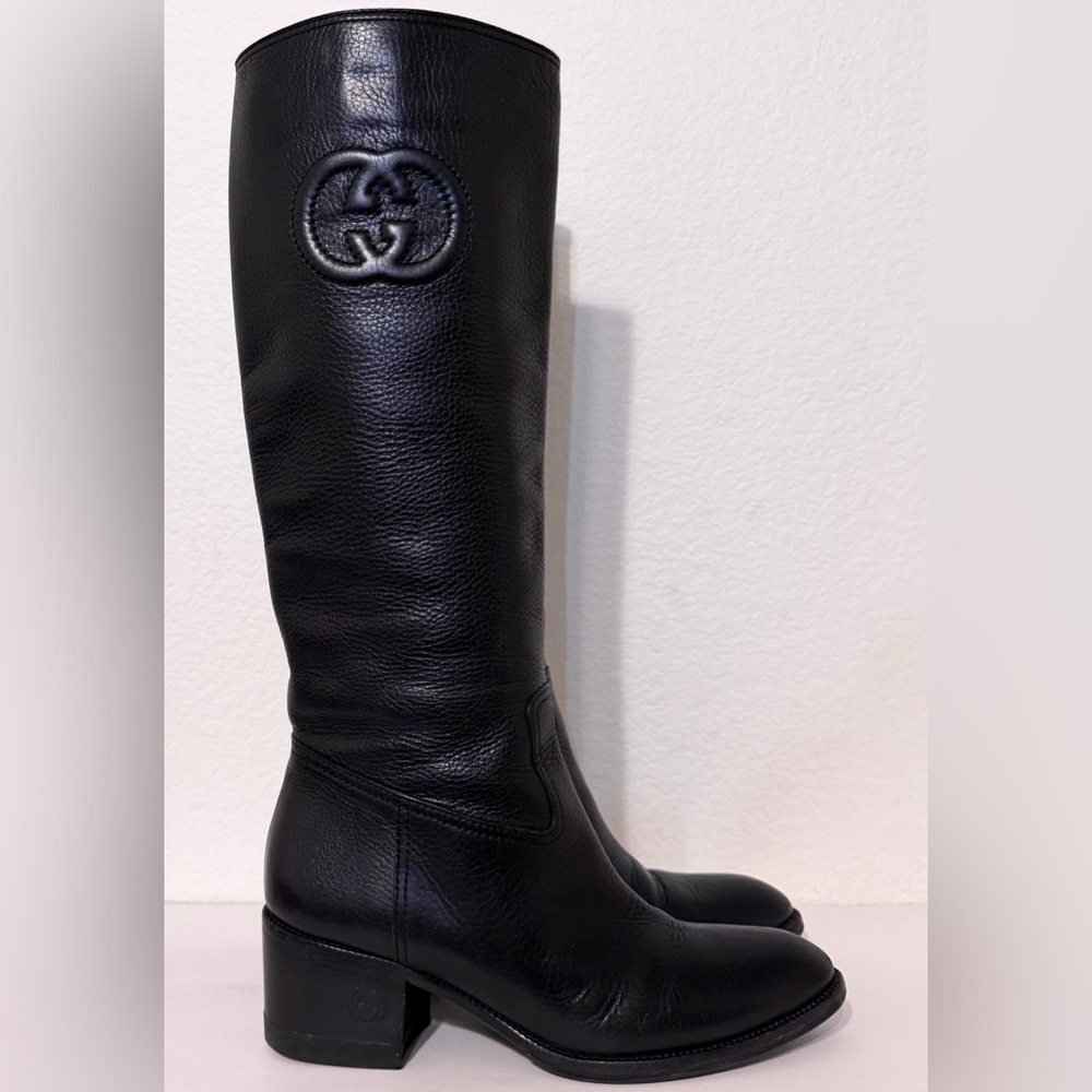 Vintage Gucci Embossed Leather High Heeled Riding Boots w/ Block Heel | EU 35